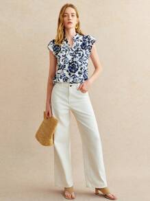 Écloséra 法式复古镂空刺绣印花盖袖立领V领白底蓝花女衬衫夏季上衣女夏装女度假装女优雅女士外出上衣夏季女短袖 - 彩色 - 查看 7