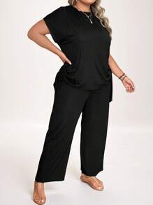 SHEIN LUNE Plus Drawstring Side Batwing Sleeve Tee & Wide Leg Trousers - Black - View 5