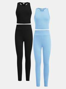 SHEIN Leap Crew Tween Girl Knitted Solid Tank Top And Pants Sportswear Set 4Pieces 2 Color Set, For Daily Wear, Back To School - Baby Blue - View 3