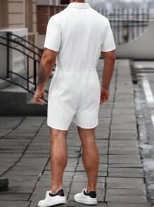Manfinity Homme Men's Striped Short Sleeve Single Breasted Drawstring Waist Pockets Shirt & Shorts Set