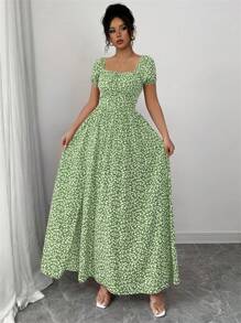 Rafferiza Calvaya 女式绿色度假浪漫优雅碎花褶皱泡泡袖收腰 A 字休闲节日情人节场合蝴蝶结后背吊带连衣裙，多种穿着风格，春夏新品毕业春季连衣裙海滩女士服装太阳开衩长款连衣裙 - 綠色 - 查看 3