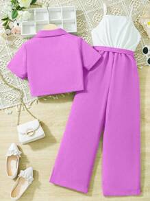 SHEIN Conjunto de 2 piezas de niña preadolescente con top de manga corta de unicolor y pantalones largos, de moda para el verano - Morado - Ver 2