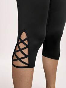 SHEIN LUNE Mallas negras de talla grande para mujeres, con cortes y cruces en las piernas de longitud completa para verano - Negro - Ver 3