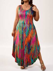 SHEIN LUNE Sommerkleid mit buntem abstraktem Muster, ärmellos, rundem Ausschnitt, große Größen, Urlaubsoutfit für Frauen, Valentinstag, Fasching, Ausgehdress für Frauen, Tops, Business-Lässig, Sommer, Süße Blusen, Büro