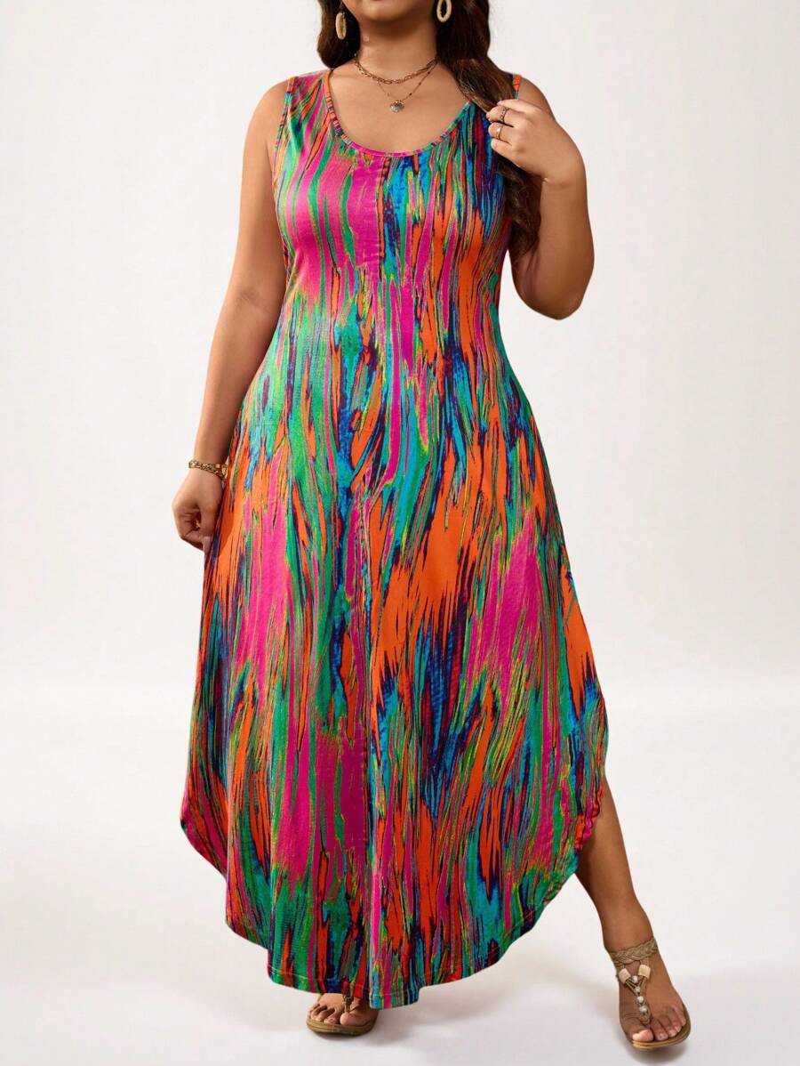 SHEIN LUNE Sommerkleid mit buntem abstraktem Muster, ärmellos, rundem Ausschnitt, große Größen, Urlaubsoutfit für Frauen, Valentinstag, Fasching, Ausgehdress für Frauen, Tops, Business-Lässig, Sommer, Süße Blusen, Büro