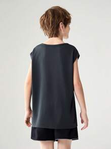 JNSQ Parte superior deportiva casual al aire libre para volver a la escuela, camiseta sin mangas con estampado de letras divertidas de cuello redondo para niño preadolescente - Negro - Ver 2