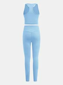 SHEIN Leap Crew Tween Girl Knitted Solid Tank Top And Pants Sportswear Set 4Pieces 2 Color Set, For Daily Wear, Back To School - Baby Blue - View 5
