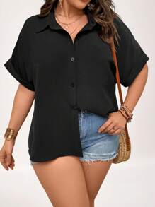 SHEIN LUNE Plus Patched Pocket Batwing Sleeve Shirt - Black - View 1