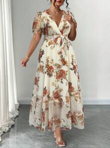 Elenzga 女式 V 领提花泡泡袖系腰优雅连衣裙，春夏 - 彩色 - 查看 4