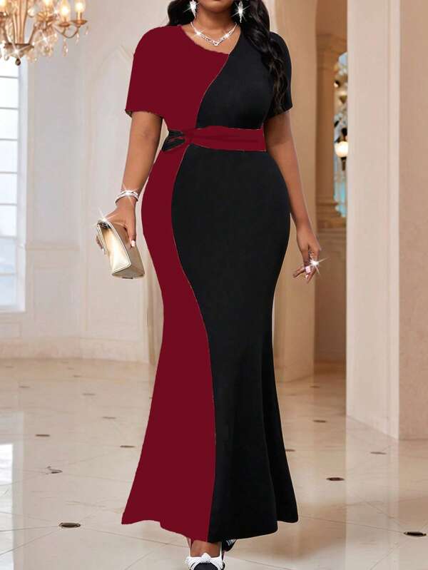 SHEIN Lady Rochie lungă mulată pentru femei de mărime plus, primăvară și vară, negru și roșu violet, cu decolteu în V, asimetrică, cu pliuri contrastante, cu legături