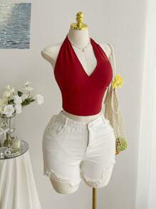 SHEIN EZwear Parte superior de camisola sin espalda con cuello halter de unicolor y talla grande, para verano