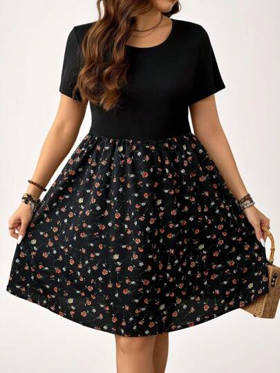 Comfylo Plus Size Women's Patchwork Ditsy Floral Round Neck Short Sleeve Casual Dress Casual Dresses For Women Summer Outfits Casual Casual Daily Wear, Office Outfits For Women Floral Vacation Outfits Graphic Tees Spring Outfits For Women Business Casual Woman,Beach Dress Sundress,Holiday Outfits Boho Mother Day