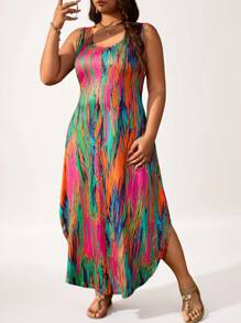 SHEIN LUNE Sommerkleid mit buntem abstraktem Muster, ärmellos, rundem Ausschnitt, große Größen, Urlaubsoutfit für Frauen, Valentinstag, Fasching, Ausgehdress für Frauen, Tops, Business-Lässig, Sommer, Süße Blusen, Büro