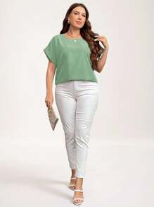 SHEIN LUNE Plus Size Solid Color Crew Neck Batwing Sleeve Casual Blouse Summer For Women - Mint Green - View 5