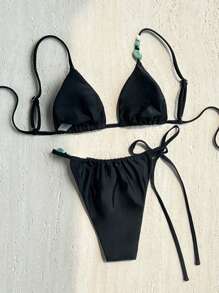 Bonvoyette Bộ bikini nữ màu đen bãi biển resort 2 mảnh, thắt nút bên hông, cắt cao, đính hạt trơn màu mới - màu đen - Xem 4
