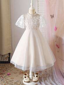 Young Girls' Simple White Short Sleeve Dress Kids Elegant Dress Girls Party Dress Girls Maxi Dress Girls Lace Dress Flower Girl Dress Little Girls Party Dress - White - View 6