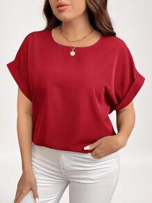 SHEIN LUNE Plus Size Solid Color Round Neck Short Sleeve Casual Shirt Valentine Day Vacation Outfits Woman Summer Outfits For Women Going Out Tops Women,Business Casual Woman,Summer,Cute Shirts,Office Business Casual Woman