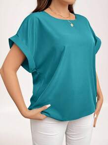 SHEIN LUNE Plus Size Women Solid Color Bat Sleeve Casual Blouse Summer - Mint Blue - View 4