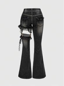 ROMWE J-Fashion Quần Jeans Nữ Lưng Thấp Siêu Thấp Thiết Kế Hình Chữ Thập Cổ Điển Skinny Y2K Harajuku Gyaru Ren Patchwork Y2K - Xám - Xem 2