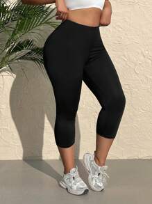 SHEIN EZwear 大碼素色高腰緊身打底褲 - 黑色 - 查看 5