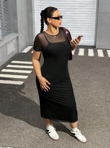 SHEIN EZwear Kích thước lớn Của phụ nữ Vòng cổ Mảnh lưới Ngắn tay Đầm Với Khối màu Thiết kế - màu đen - Xem 4