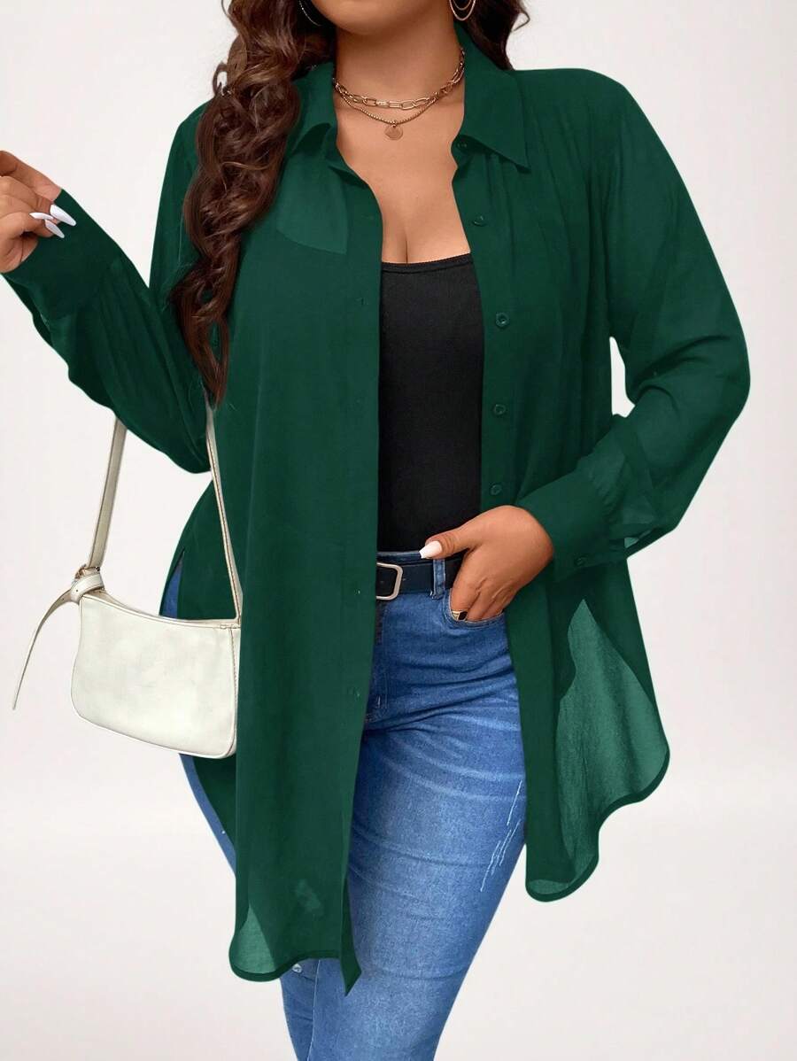 SHEIN LUNE Áo sơ mi đơn giản tay dài đơn hàng thường ngày cỡ lớn cho nữ - Màu xanh lá cây đậm - Xem 1