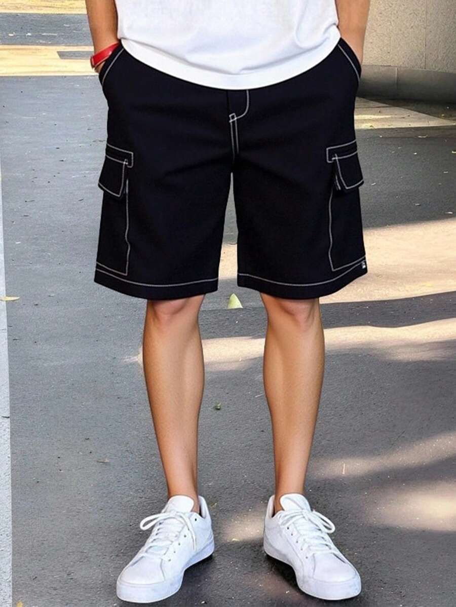SHEIN Leap Crew Teen Boy's Casual Street Chic Solid Color Straight Cut Loose Shorts, Comfortable For Commuting, School, Casual, Vacation, Sports, Suitable For Spring & Summer - Black - View 1