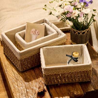 Cirelle 1个桌面收纳盖杂物零食收纳篮仿藤编织化妆品收纳盒衣物收纳篮