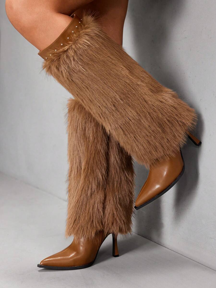 CUCCOO SZL Sexy Fashion Brown Furry Decor Pointed Toe Slim High Heel Glamorous Sexy Party Event Side Zipper Women Knee High Boots - Brown - View 1
