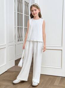SHEIN Tween Girls Commuter Casual Jacquard Sleeveless Crew Neck Top And Straight Leg Pants Set