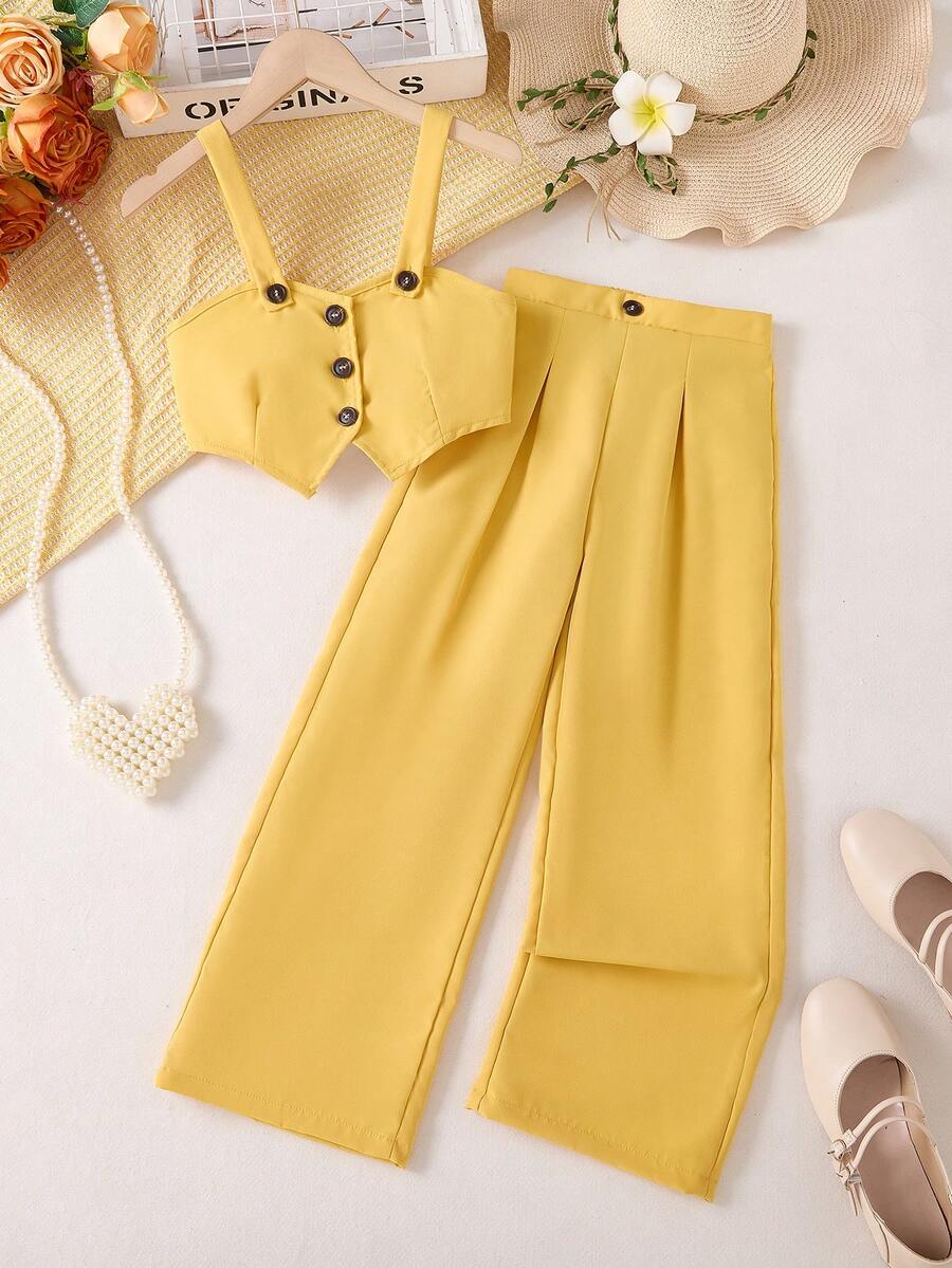 优雅两件套少女吊带上衣和裤子套装 - 黃色 - 查看 1