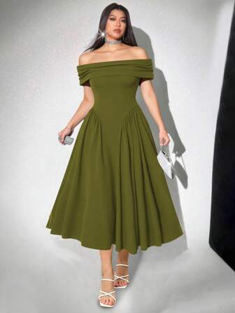 SHEIN Belle 加大码 V 领优雅中长连衣裙，适合正式场合的女士绿色连衣裙