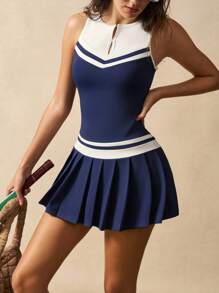 VARSIVA Women's Striped V-Neck Sleeveless Pleated Hem Casual Fitness Sports Dress