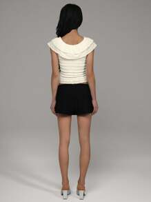 TRNVIE 女士休闲荷叶边前系带褶皱 T 恤，适合度假 - 杏色 - 查看 2