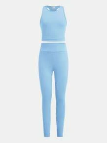 SHEIN Leap Crew Tween Girl Knitted Solid Tank Top And Pants Sportswear Set 4Pieces 2 Color Set, For Daily Wear, Back To School - Baby Blue - View 4