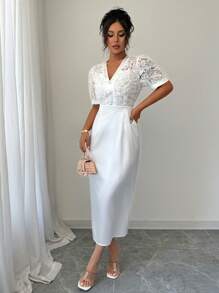 Elenzga V-Neck Splicing Elegant Puff Sleeve Waist Cinching Dress