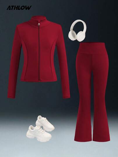 Tween Girls Outdoor Yoga Sports Elastic Comfortable Free Stretch Fashion Cycling Tennis Gym Hiking Camping Sports Jacket & Flared Pants Set, Navy Blue Fall Winter