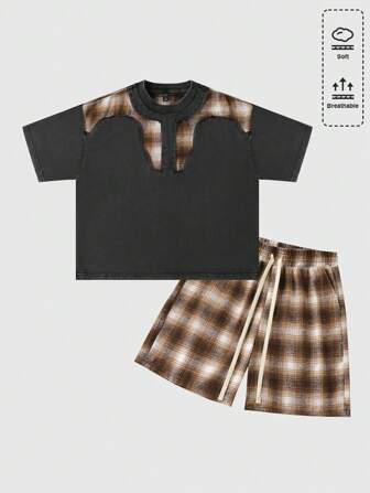 Street Life Conjunto de camiseta y pantalones cortos de estilo urbano para hombres, con parches desteñidos, de moda para el verano