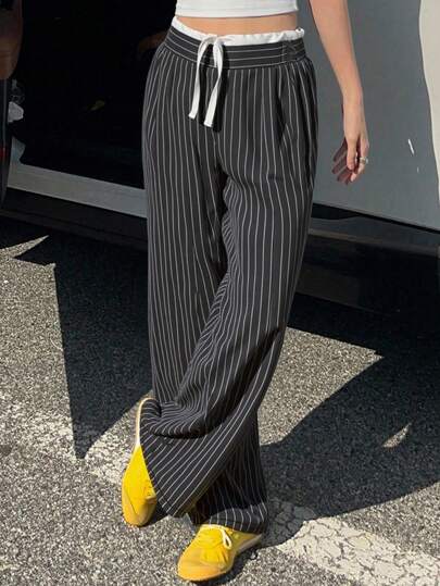 SHEIN Tween Girls Striped Casual Pants With Waist Tie & Wide Leg