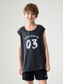 JNSQ Parte superior deportiva casual al aire libre para volver a la escuela, camiseta sin mangas con estampado de letras divertidas de cuello redondo para niño preadolescente - Negro - Ver 3