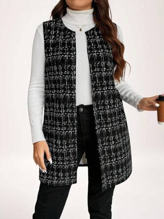 SHEIN LUNE Mode sans manches Femme grande taille casual à carreaux Manteau Veste Gilet pour Automne Hiver Homecoming Vêtements d'Hiver