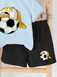 SHEIN Set de 2 piezas con camiseta de manga corta de cuello redondo y pantalones cortos casuales para bebé niño, adecuado para el verano