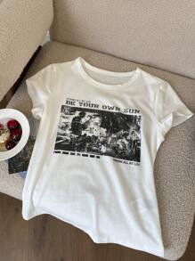 SHEIN EZwear Damen Y2K 90er Jahre Vintage T-Shirt mit Gitarren-Grafik und Spruch, kurz geschnitten