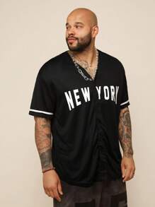 EASEVO Men Plus Letter Graphic Patch Detail Contrast Tape Baseball Shirt, School - Black - View 1