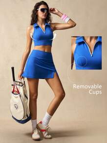 VARSIVA Conjunto de ropa deportiva para mujer con top de escote de media cremallera y espalda de tirantes, y pantalones - Azul - Ver 9
