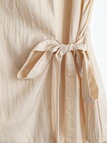 Linhara Áo sơ mi nữ tay ngắn mùa hè dệt trơn màu 3 nút tay bèo nhún buộc phía trước - Màu be - Xem 4