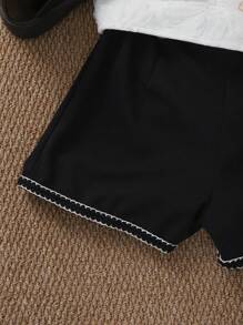 SHEIN Elegant Girls Flutter Sleeve Cardigan Sweater With Faux Pockets & Solid Color Shorts Set, Summer - Black - View 5