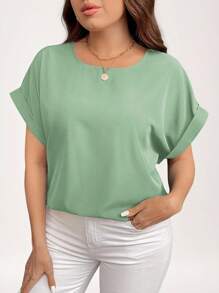SHEIN LUNE Plus Size Solid Color Crew Neck Batwing Sleeve Casual Blouse Summer For Women - Mint Green - View 6