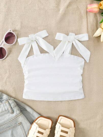 Young  Girl Elegant Solid Fitted Sweet Bow-Knot Tie Shoulder Side Ruched Cami Tank Top,Mom And Daughter & Sisters Matching