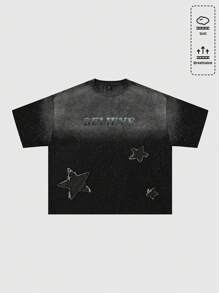 ROMWE MEN Street Life 男士街头生活水洗星星刺绣宽松落肩短袖 T 恤，Rave